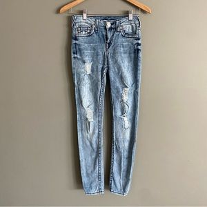 True Religion Womens Light Wash Distressed Contrast Stitched Jeans Size 26